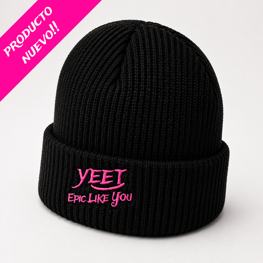Gorro De Lana Tipo Beanie Color Negro Logo Bordado Fuxia Yeet